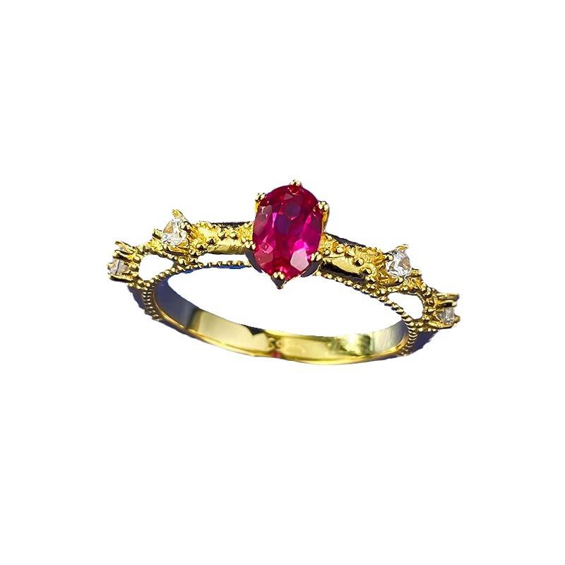 Xiancan Jewelry Women's S925 Silver Gold-Plated Red Oval Ring - Versatile French Style