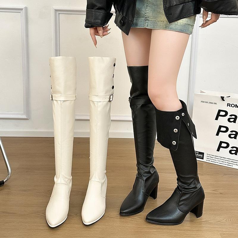 High boots over the knee fold wind high heel boots wear thin pointed casual knight boots leather boots two thick heel niche fashion