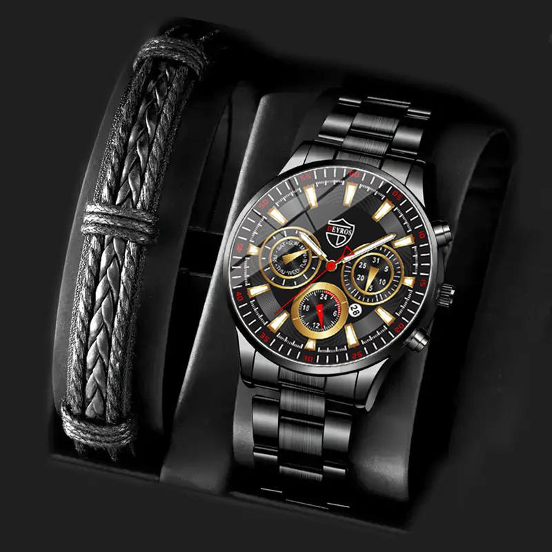 2PCS Set DEYROS Luxury Men's Watch Fashion Men's Calendar Watch Casual Men's Stainless Steel Strap Quartz Watch&Bracelet