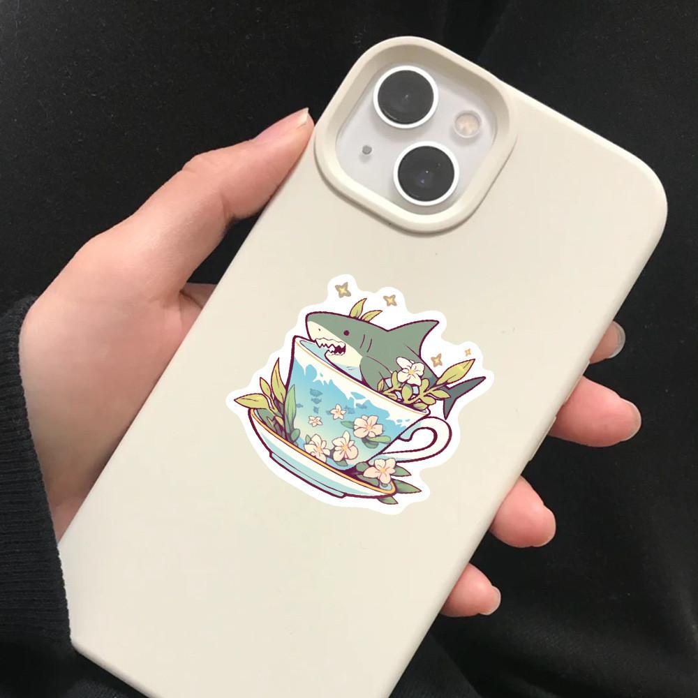 50-Piece Set No Duplicates: Cute Cartoon Shark Cup-Inspired Stickers - DIY Waterproof Decor for Notebooks, Phone Cases