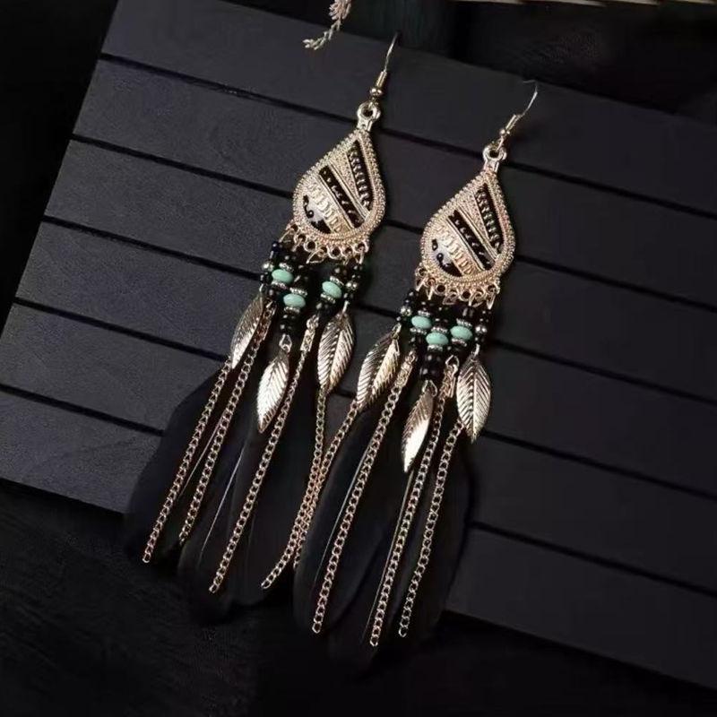 Bohemian Style Long Dangle Earrings with Feather and Leaf Charms Chain Tassel Lightweight Hook Earrings for Women and Girls One Size