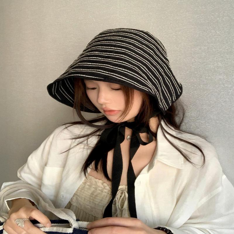 Ribbon Women Striped Fisherman Hat Wide Brim Foldable Summer Sun Hat Sun Protection Solid Color Sunshade Hat
