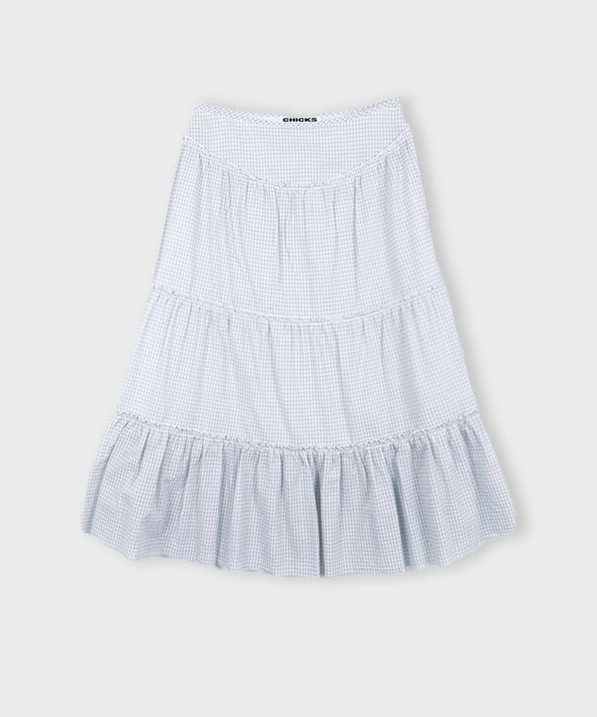 Chix Check Tiered Long Skirt Sky Blue