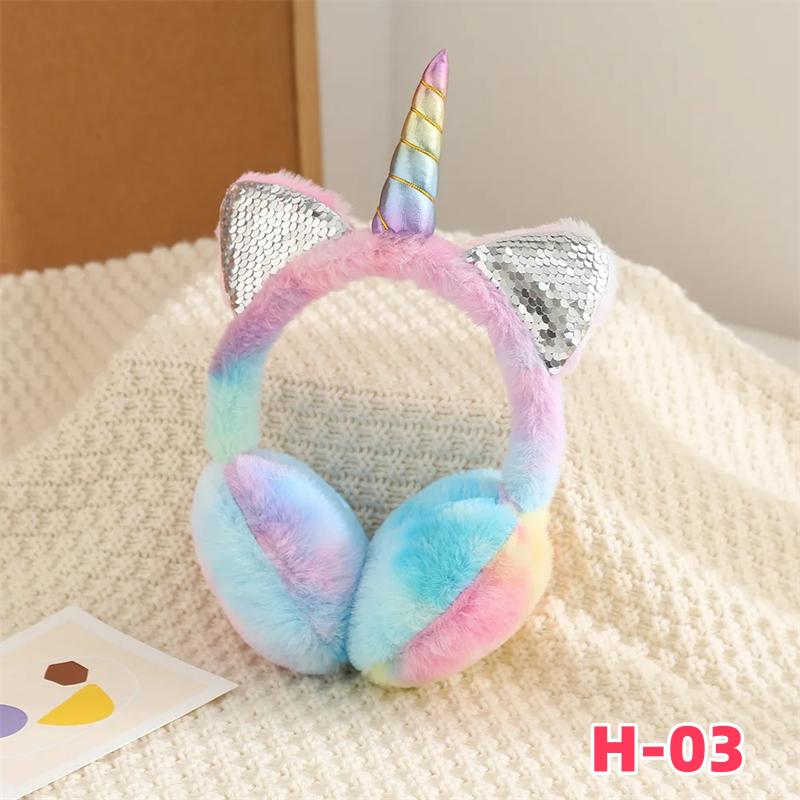 Children Kids Cute Unicorn Earmuffs Sequin Cat Ears Ear-Muffs Cover Winter Warm Fur Plush Headband Women Tie-dye Fluffy Earflap
