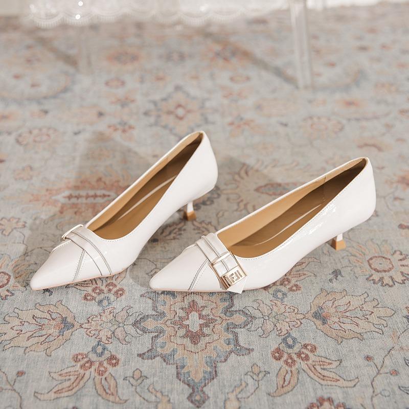 Retro small heel single shoes women's spring summer new belt buckle pointed head shallow mouth daily commuting high heels