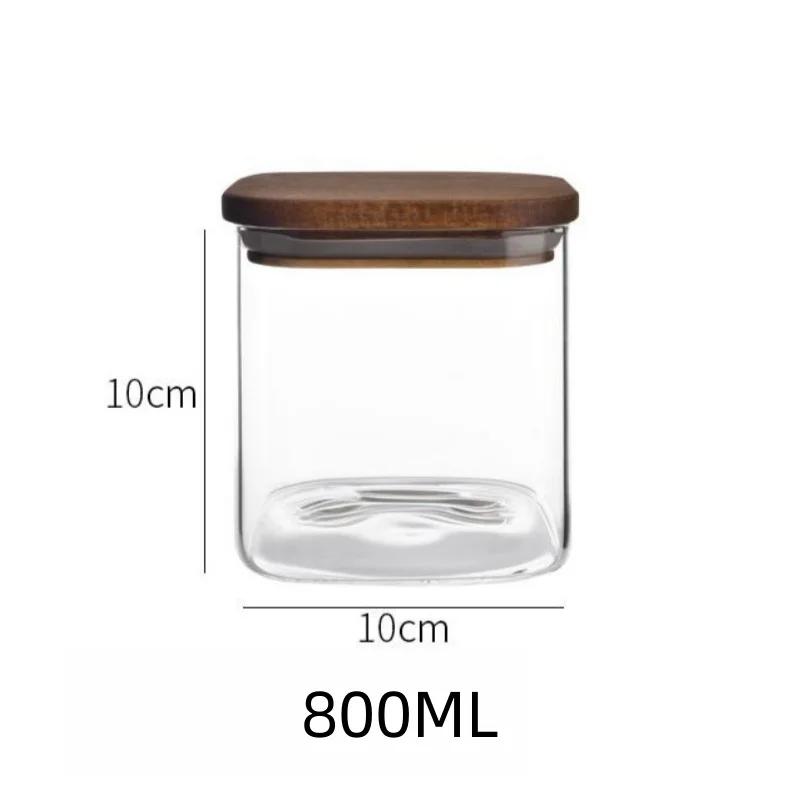 

1pc Square Glass Storage Jars with Wooden Lid for The Storage of Sweets Sugar Cubes Cereals Suitable for The Kitchen Organizer