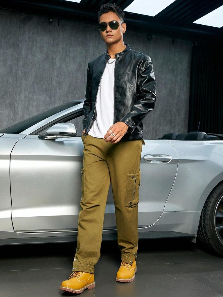 Seek4Man Zippered PU leather jacket with high collar