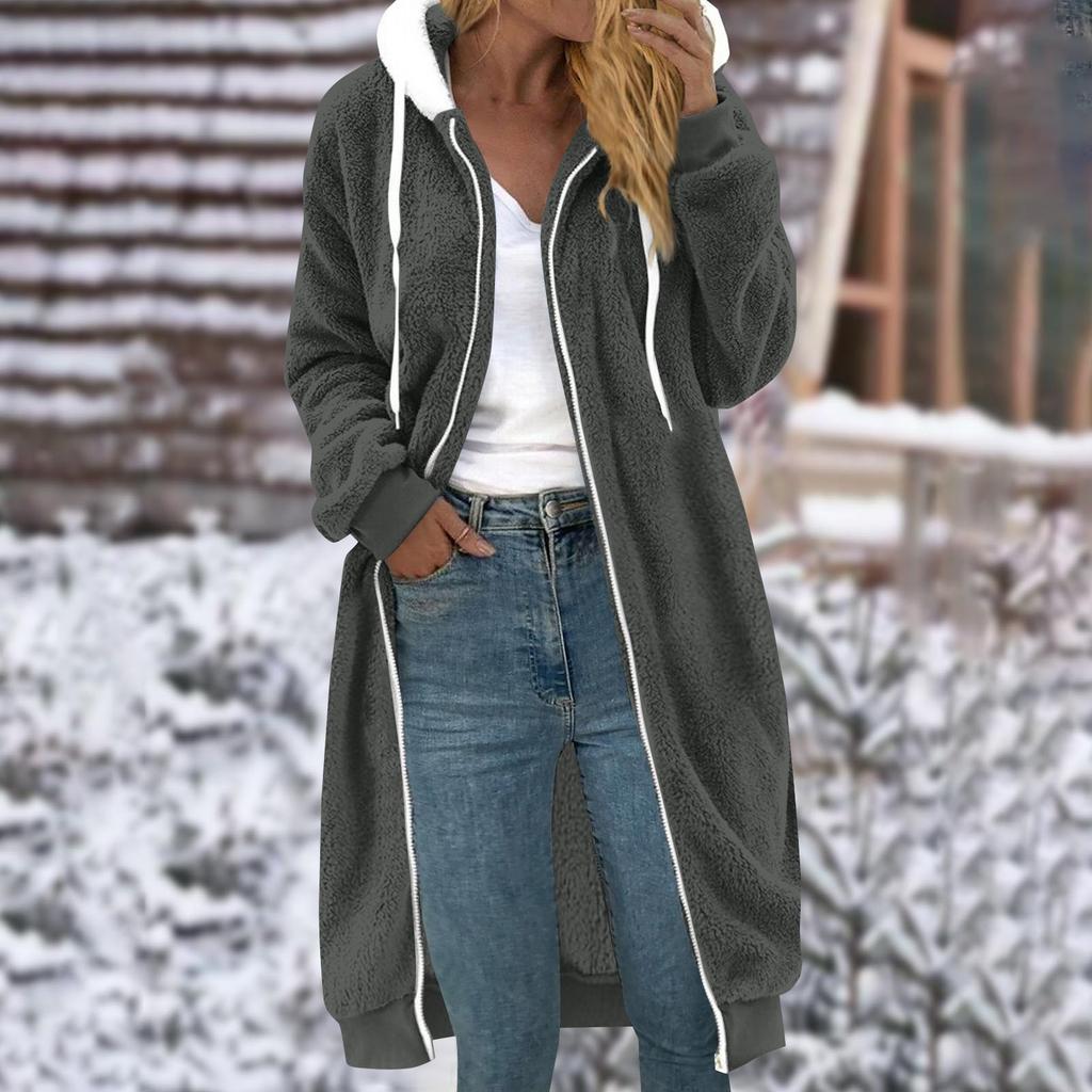 Mittellanger, einfarbiger, doppelseitiger Plüschmantel mit Kapuze und Taschen für Damen