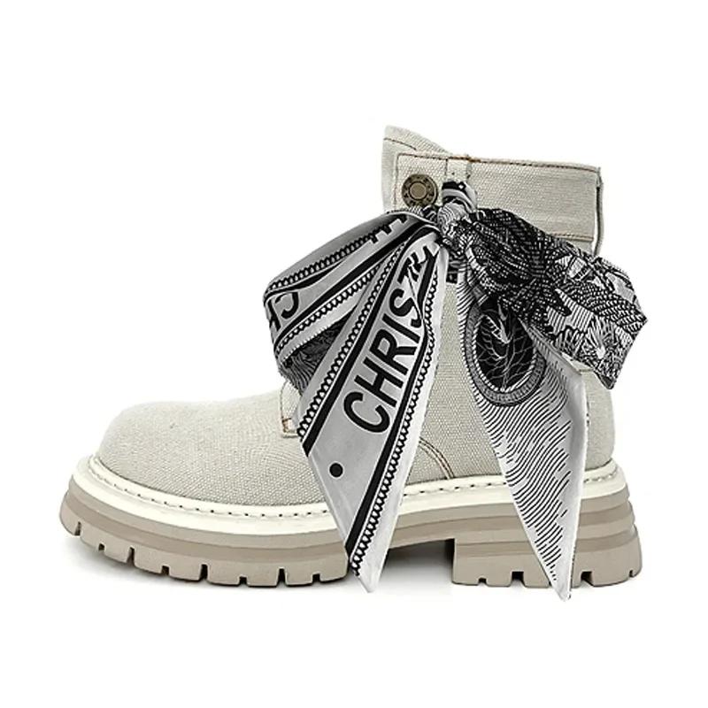 Stivaletti alla Caviglia in Denim Scarpe Moda Donna Autunno Inverno 2024 Suola Spessa Stivaletti Chelsea di Design Stringati Stivali da Donna Zapatilla