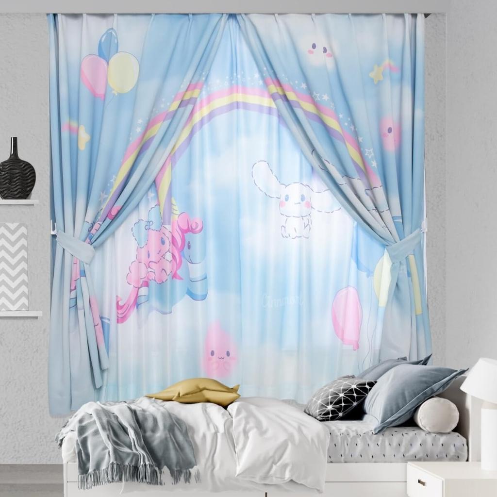 Sanrio Cinnamoroll Wall Art Curtains Set of 4 Blackout 2 Lace Width 100 x Length 150cm Characters Heat Blackout (2 Curtains, Curtains)