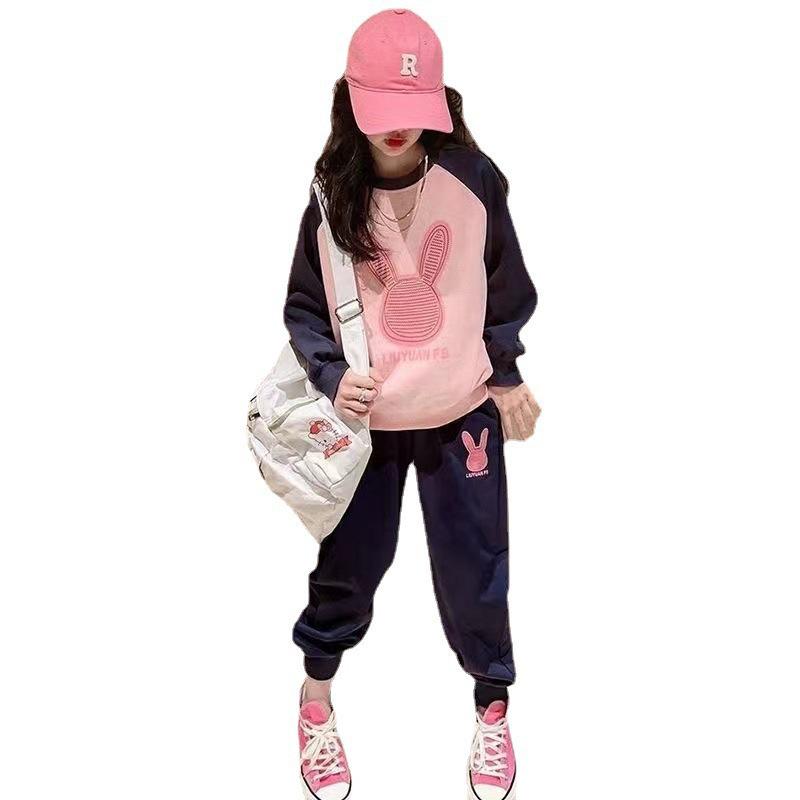 Girls' Colorblock Cartoon Sportswear Set: Spring/Autumn Long-Sleeve Top & Loose Pants