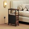 Side Table with Charging Station, Narrow Coffee Table, 2 Fabric Drawers, Open Shelf, Rustic Brown