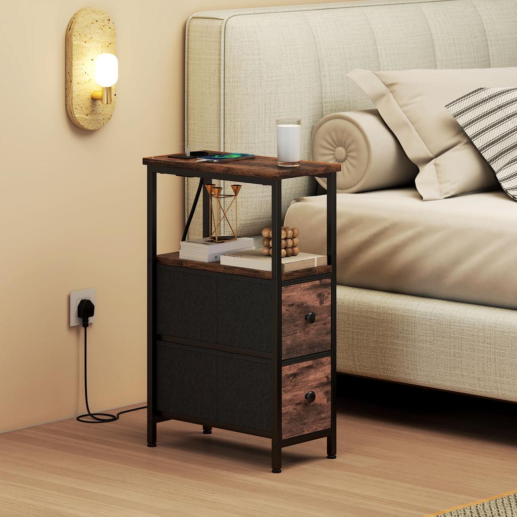 Side Table with Charging Station, Narrow Coffee Table, 2 Fabric Drawers, Open Shelf, Rustic Brown