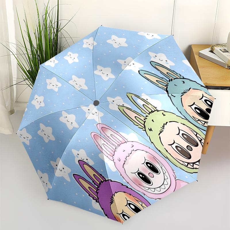Labubu1 Print Automatic Umbrella, 8 Rib Iron Frame, Plastic Handle, Suitable for Outdoor Travel &Daily , Ideal Gift