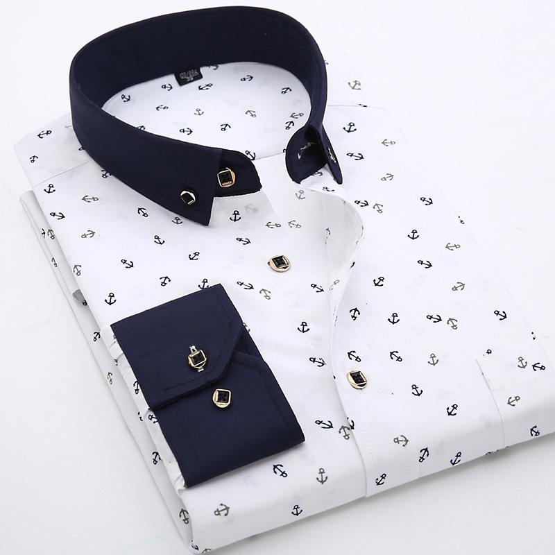 Camisa Masculina de Manga Longa com Gola Turn-Down, Estampa Xadrez Floral, Corte Slim.