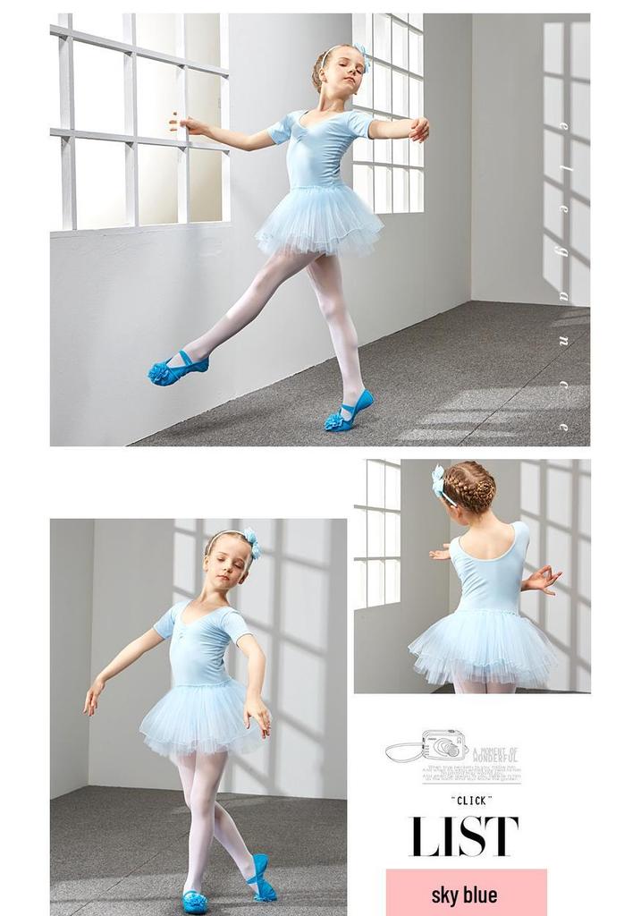 Girls' Short Sleeve Ballet Tulle Skirt - Kids' Dance Practice and Performance Costume