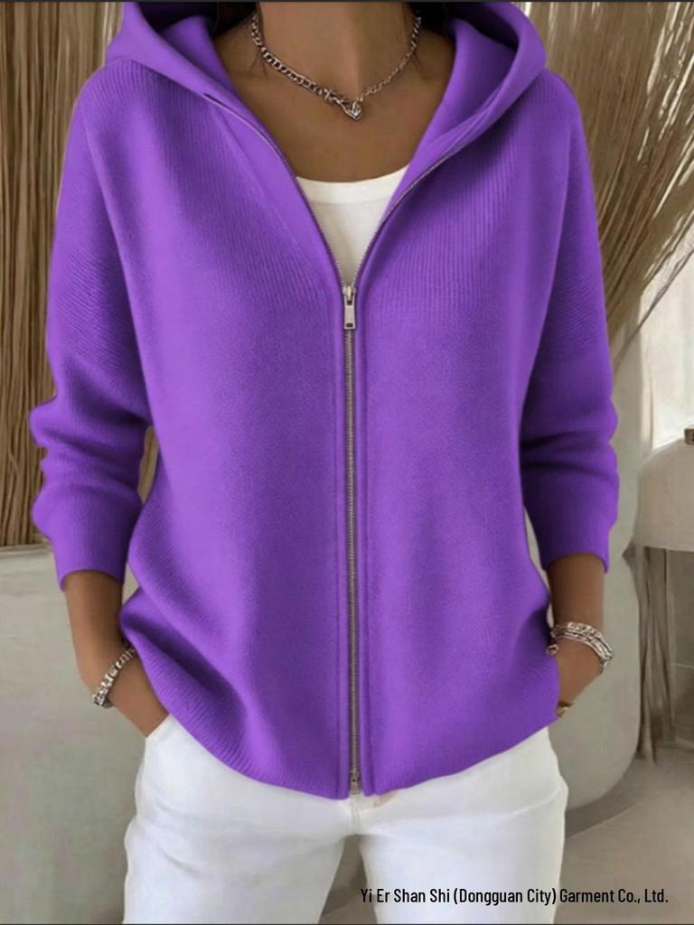 Autumn 2026 Hooded Zipper Knit Cardigan - European & American Style, Women's Loose Solid Color Long Sleeve Sweater