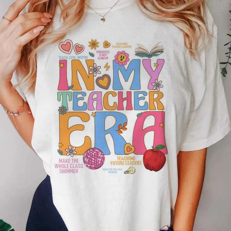 In My Teacher Era Teaching Future Leaders Printed TShirt Loose Top Fashion Cartoon Printed Pattern Sweet Womens Basic TShirt S