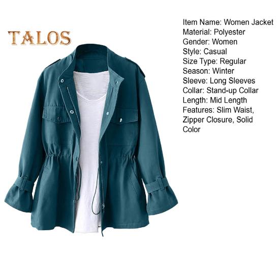 Kurtka damska jesień/zima Kołnierz stójka Kieszenie na piersi Zapięcie na zamek błyskawiczny Wąska talia Jednolity kolor Średniej długości Kurtka podróżna na zewnątrz Zakupy dojazdy do pracy