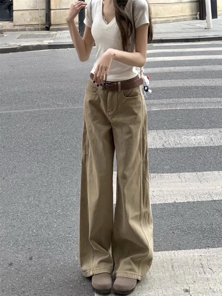 Petite Korean Style High-Waisted Khaki Wide-Leg Jeans for Women - Slimming, Loose, Casual, Straight Long Pants for Summer