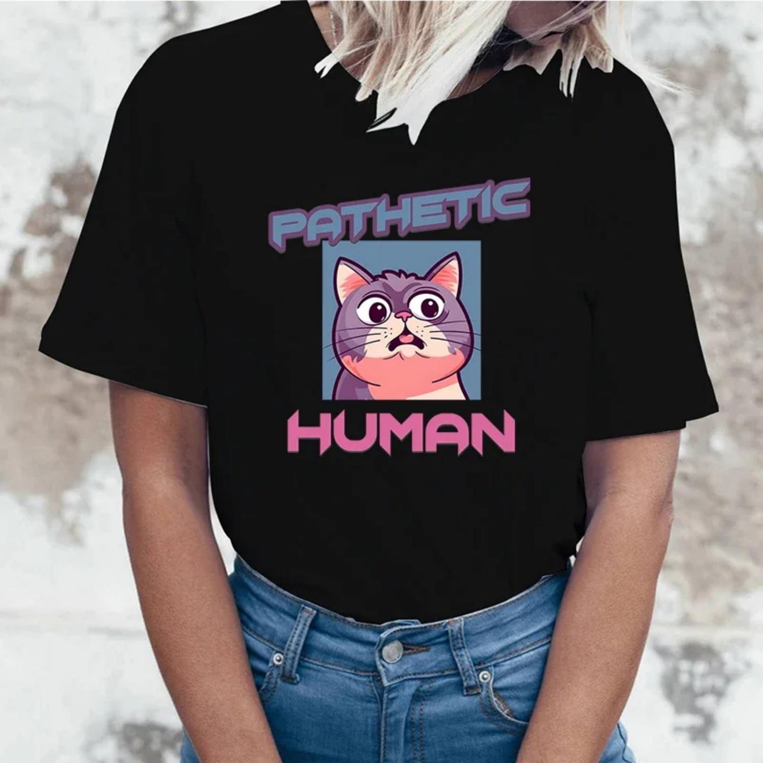 

Cute Pathetic Human Cat T-Shirts For Women Summer Tee Shirt Femme Casual Short Sleeve Round Neck Tops T-Shirts S чёрный