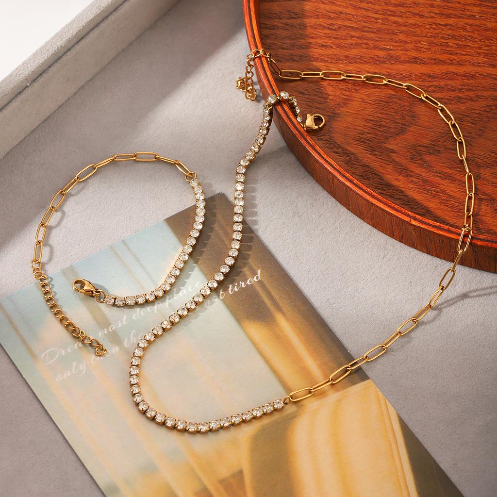 Best-selling Stainless Steel Cross Chain Spliced Zircon Chain Light Luxury Necklace High-end Titanium Steel Bracelet Jewelry