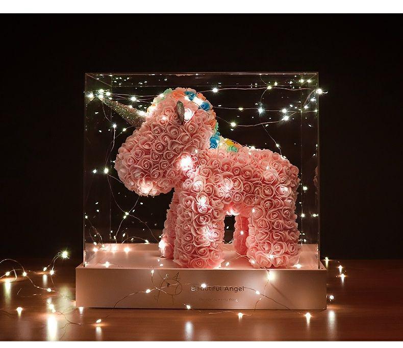 Qixi Unicorn Rose Preserved Flower & Teddy Bear Gift Set for Girlfriend or Kids