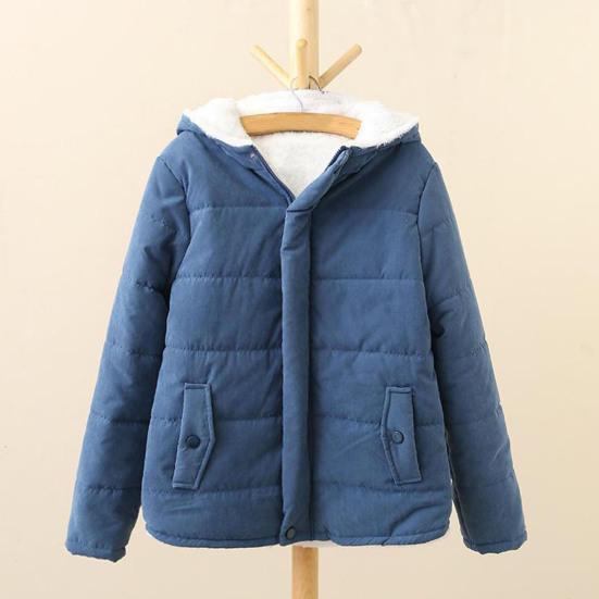 Winter Down Coat Hooded Zipper Solid Color Plush Hat Warm Thick Padded Cardigan