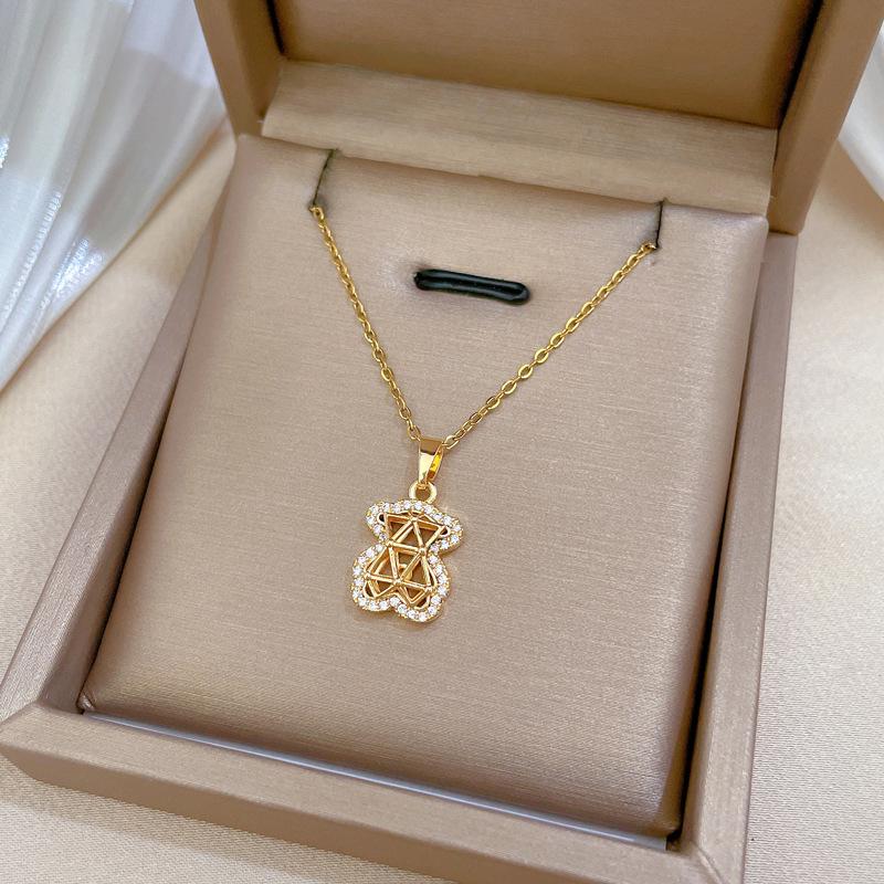 Urso Vazio Cheio de Diamantes Temperamento de Luxo Leve Colar Totalmente de Diamante Deslumbrante Corrente para Clavícula Feminina Versátil Corrente de Aço Titânio