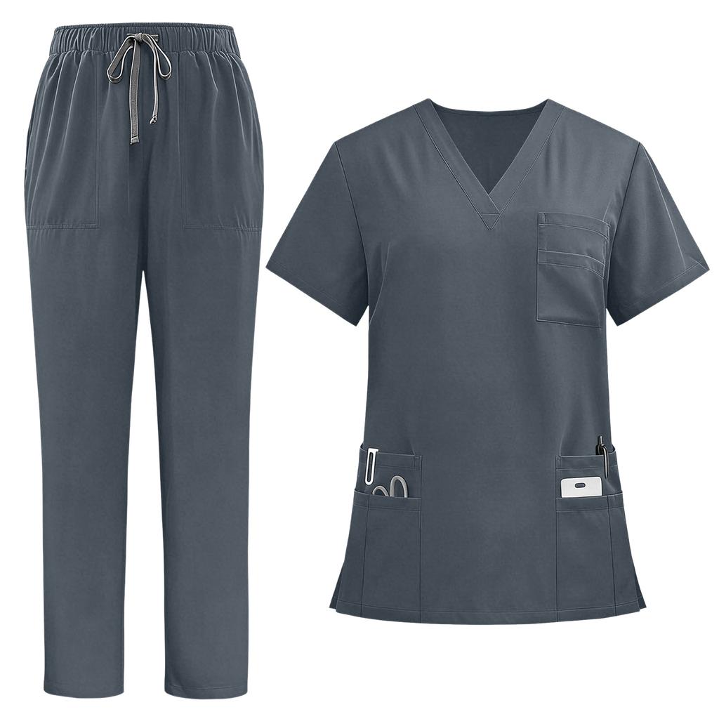 Damen V-Ausschnitt Kurzarm Kasack-Uniform Set mit Oberteil und Hose