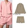 Simple Commuter Long Sleeve V-neck Leisure Shirts 4786201 Linen Blend Mid Waist Shorts 4786202
