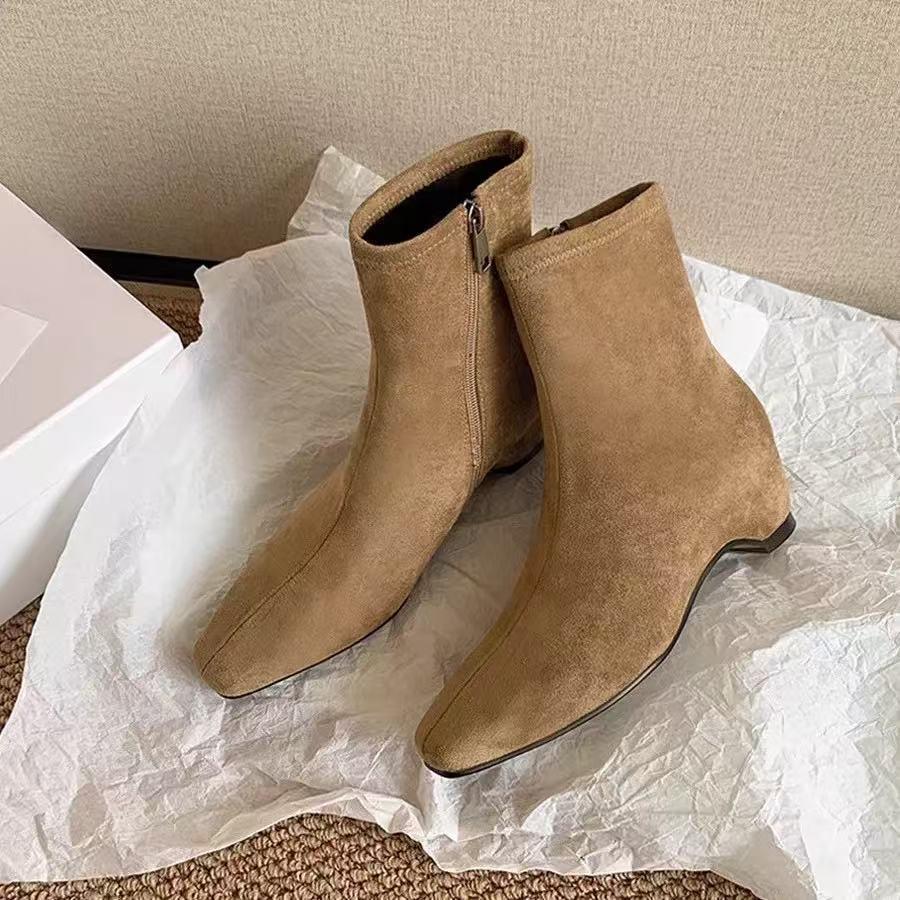 Women's Chunky Platform Ankle Boots 5cm Height Increasing French Retro Office Ladies Fashion Autumn Suede Short Boots Brown