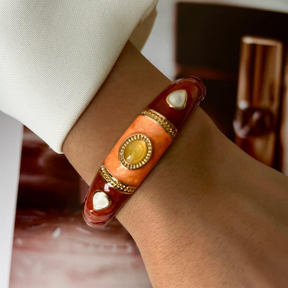 Geometric Striped Vintage Coffee Brown Enamel Wide Cuff Bracelet Open Bracelet Daily Party