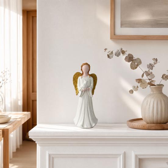 yangyizhi Angel Figurine, Resin Gold Wing Statue, White Skirt Faceless Holding Pigeon, Hand-Painted Home Decor
