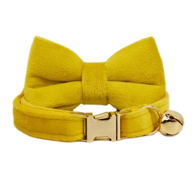 Yellow Velvet Cat Collar With Cute Bell Bow Small Dogs Pet Supplies