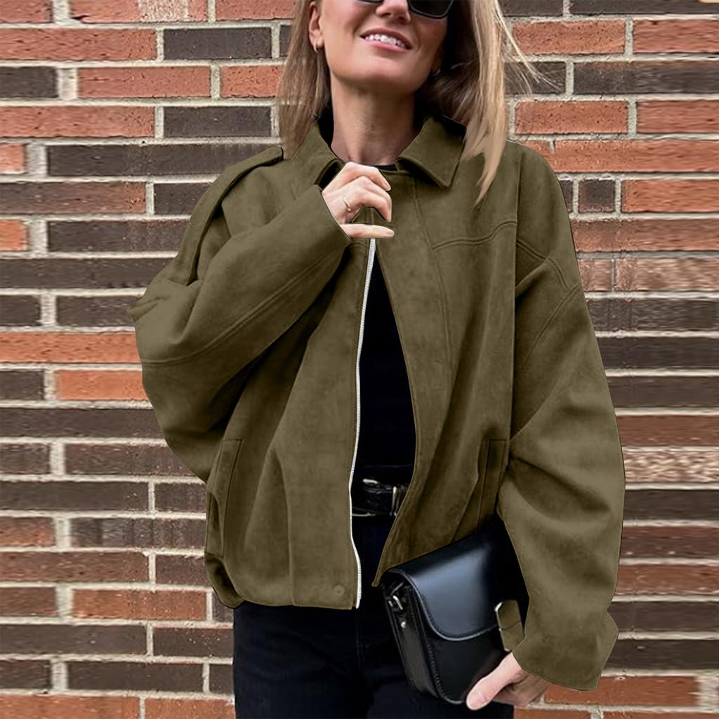 Women's Solid Color Fashionable Sleeve Long Sleeved Zipper Casual Top Jacket Jacket