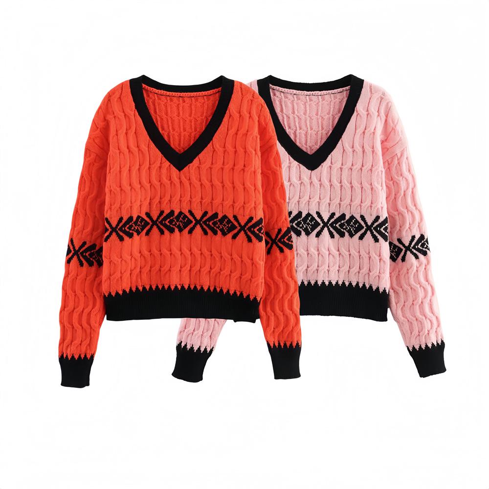 

2025 Spring Women s Color Block V-Neck Long Sleeve Knit Pullover Large