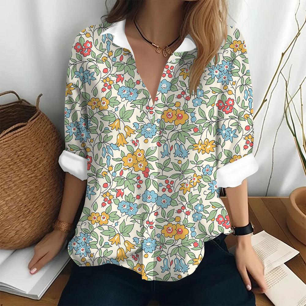 Summer Women's Shirt Long Sleeved Lapel Top Flower Pattern Casual Oversized Button Clothing Women Elegant and Fashionable Shirt