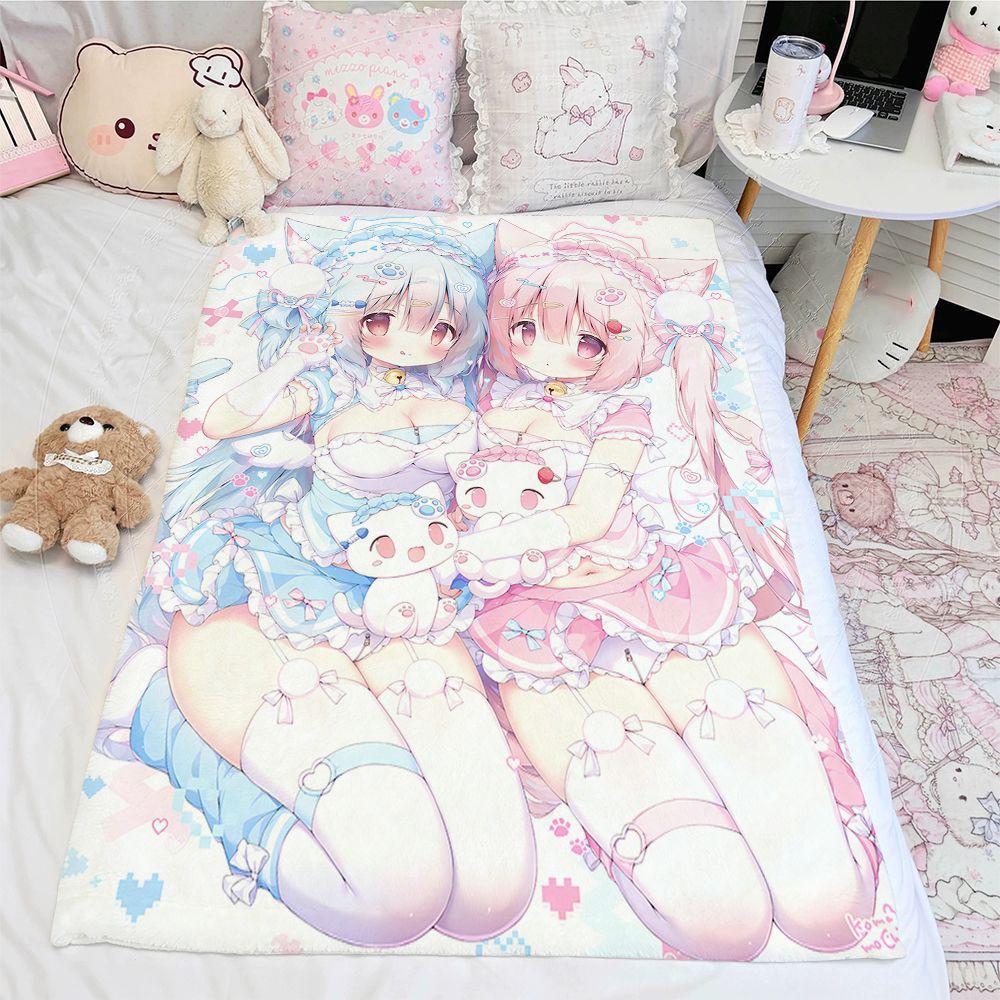 Japanese Style Spotlight Pink Cat Girl Anime Blanket Cute Paw Design Custom Printed Fleece Blanket for Bedroom Sofa Home Decor