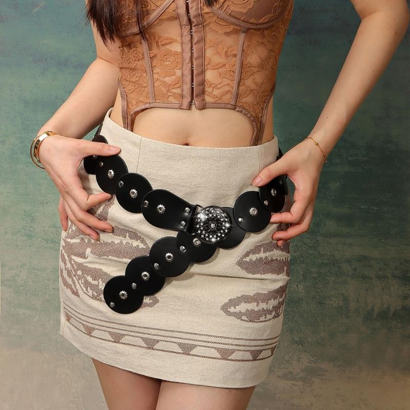 Retro Studded Waistband Unisex PU Stretch Belt With Accents Fits 90cm To 110cm Waist