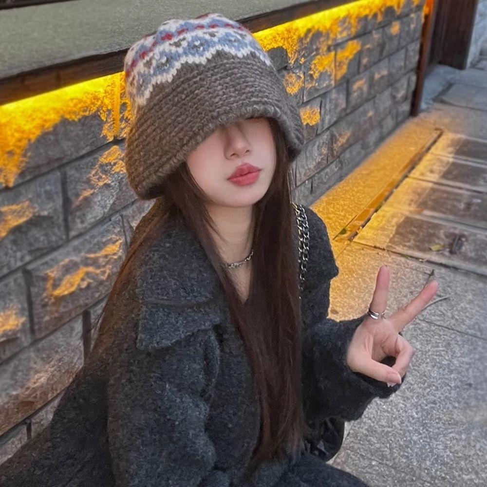 Autumn Winter Handmade Woolen Hat Warm Wool Knitted Hat Trendy Knitted Bucket Hat  Women