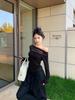Mesh Black Patchwork One-Shoulder Long-Sleeve Crop Top