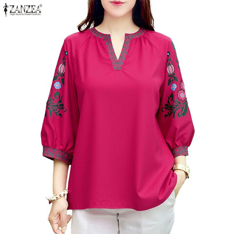 ZANZEA Women Casual V-Neck Retro Print Splice 3/4 Sleeve Loose Blouse