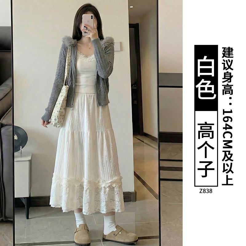 White skirt women's summer high-waisted A-shaped swinging umbrella skirt medium long tall organ lace fluffy skirt
