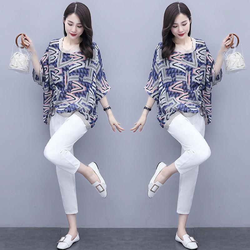 Large Size Women's Printed Suit Women's Quarter Casual Fashion Style Loose Two-piece Set