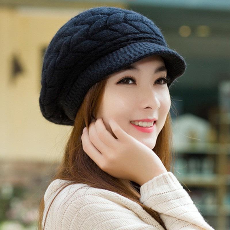 Women's Winter Knit Earflap Wool Beret with Velvet Lining for Outdoor Warmth