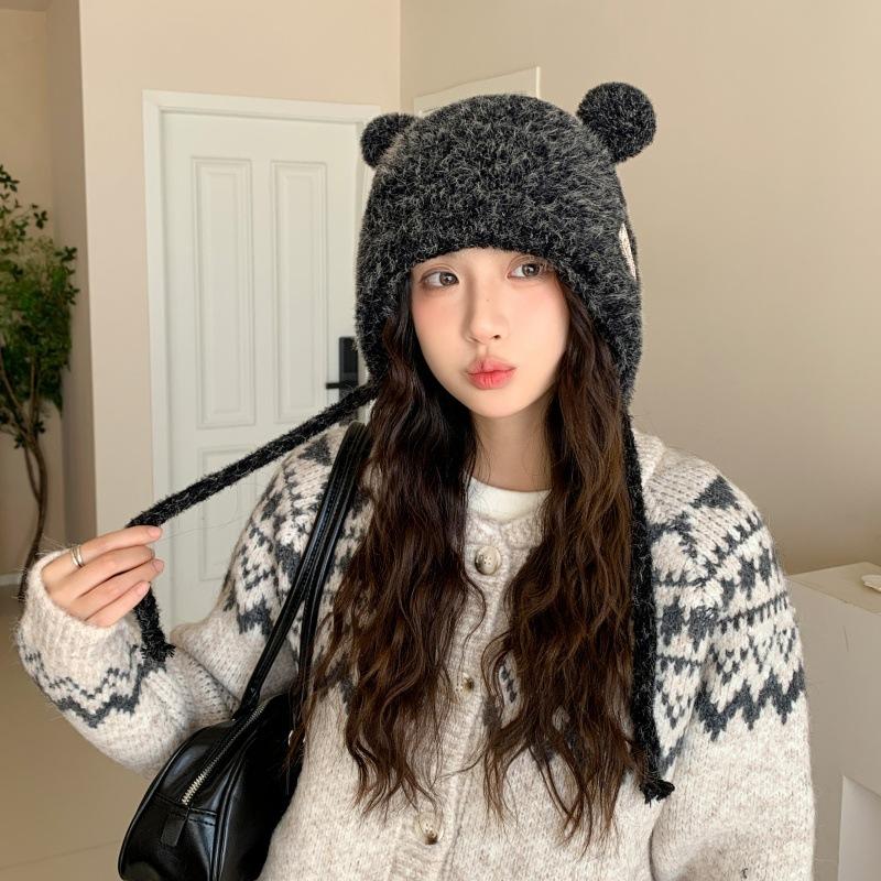 Cute Bear Ears Knitted Plush Hat for Women Autumn and Winter Warm Ear Protection Bag Head Hat Large Head Circumference Casual Windproof