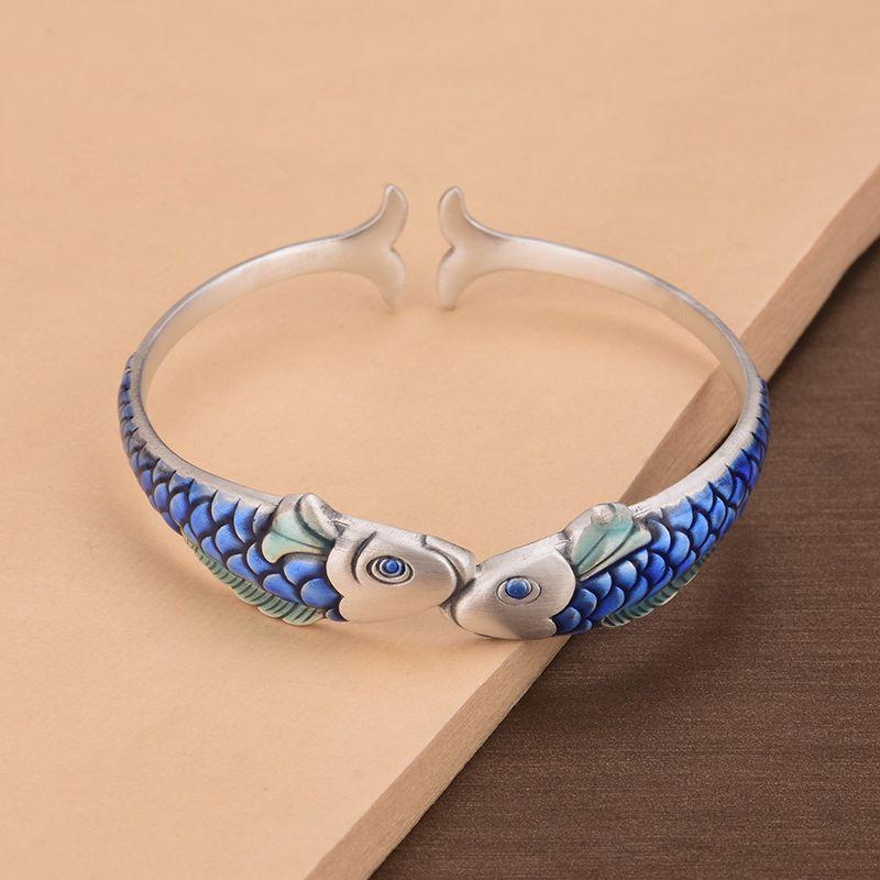 National Drop Craft Pisces Carp Bangle 925 Silver Fashion Personality Animal Fish Opening Bracelets SL036