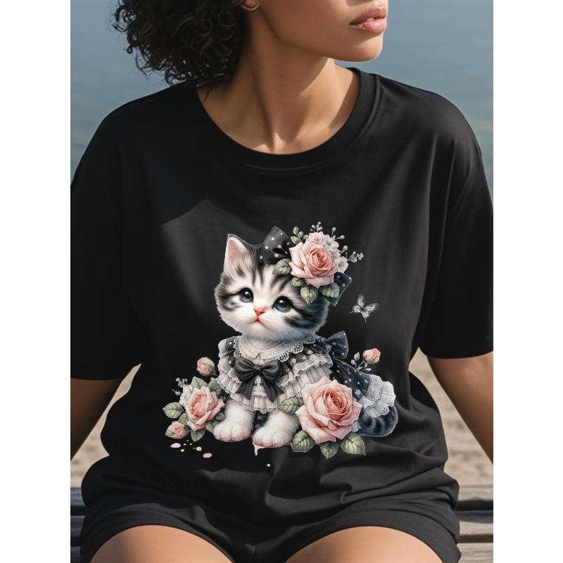 

Women s Plus Size Round Neck Short Sleeve T-Shirt Cute Cat Floral Print Casual Home Street Fashion Top Black White 4XL чорний