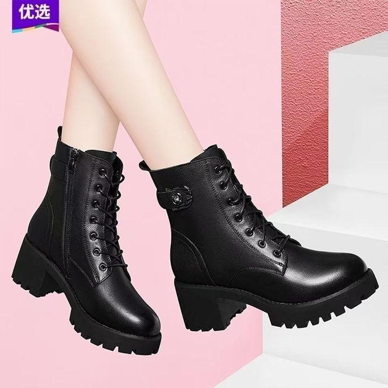 

Women s Soft Leather Platform Boots 2026 New Fashion Mid-Heel Chunky Heel Ankle Boots for Winter with Fleece Lining 35